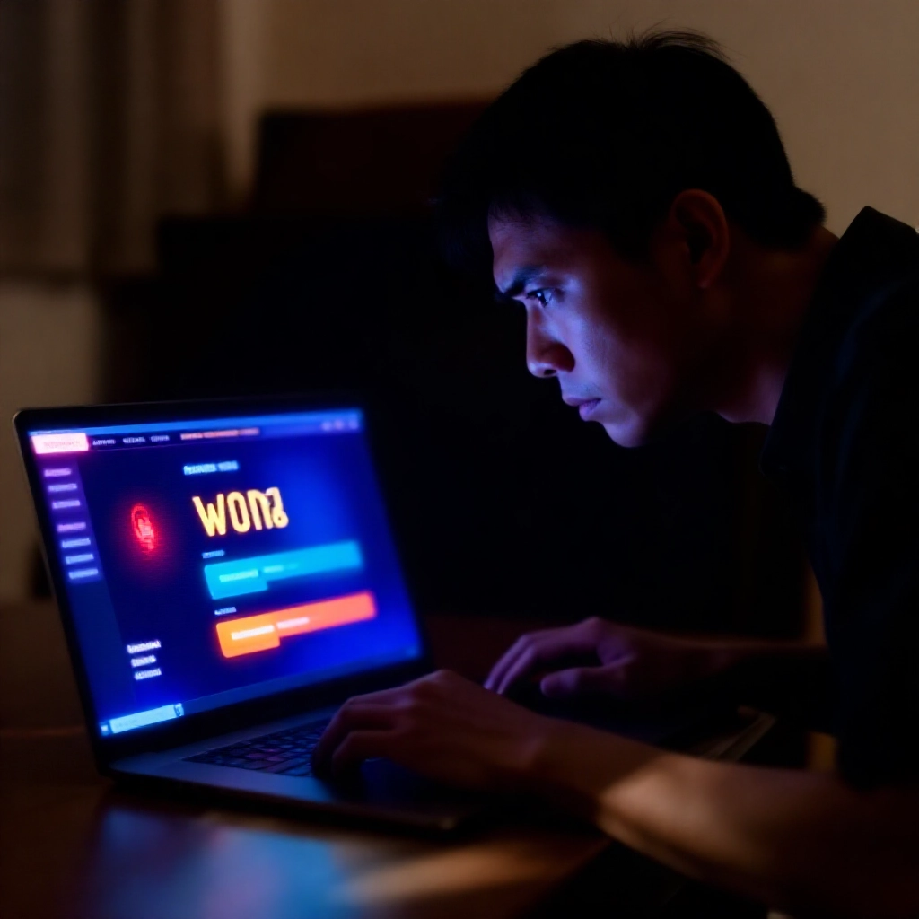 台灣男子在昏暗房間緊張盯著顯示線上娛樂城介面的筆電,螢幕上有存款提示和虛假贏錢通知