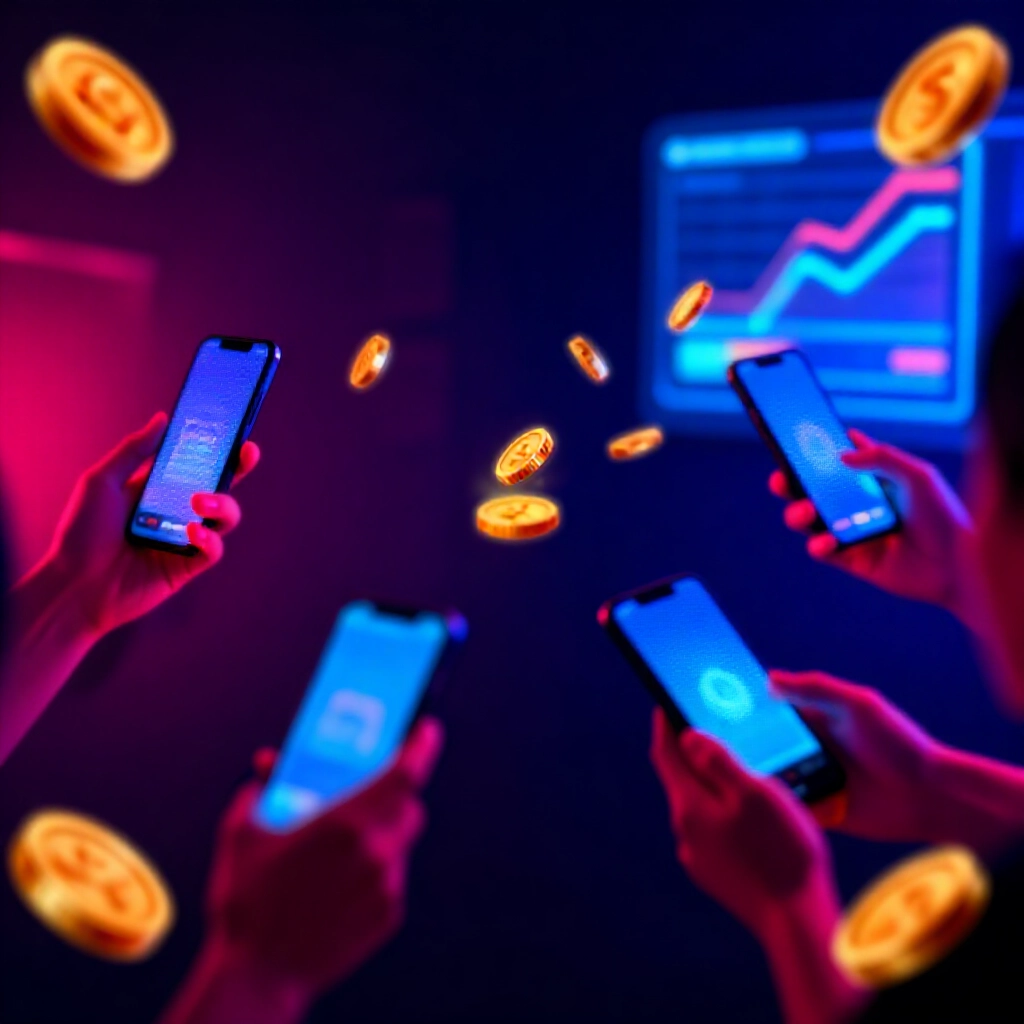 動感手遊玩家興奮敲擊手機，彩色遊戲介面浮現金幣與營收圖表，霓虹藍紅光輝映暗色背景