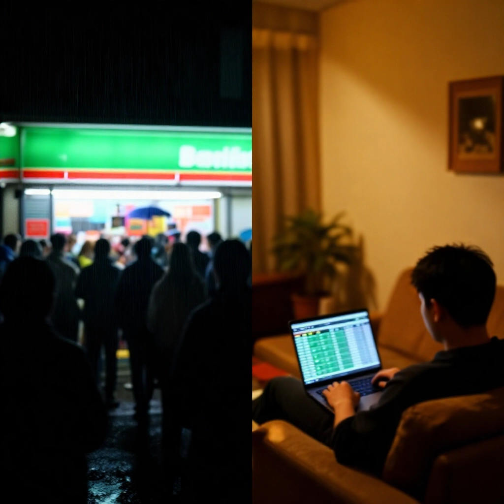 雨夜擁擠實體彩券店排隊對比舒適客廳線上即時投注便利