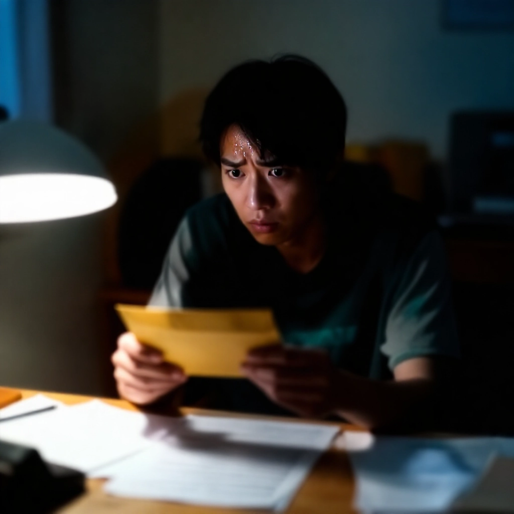 一位焦慮的年輕人在台灣簡樸公寓中握緊公文信封，臉色蒼白雙眼睜大額頭冒汗桌上散落文件營造緊張氛圍