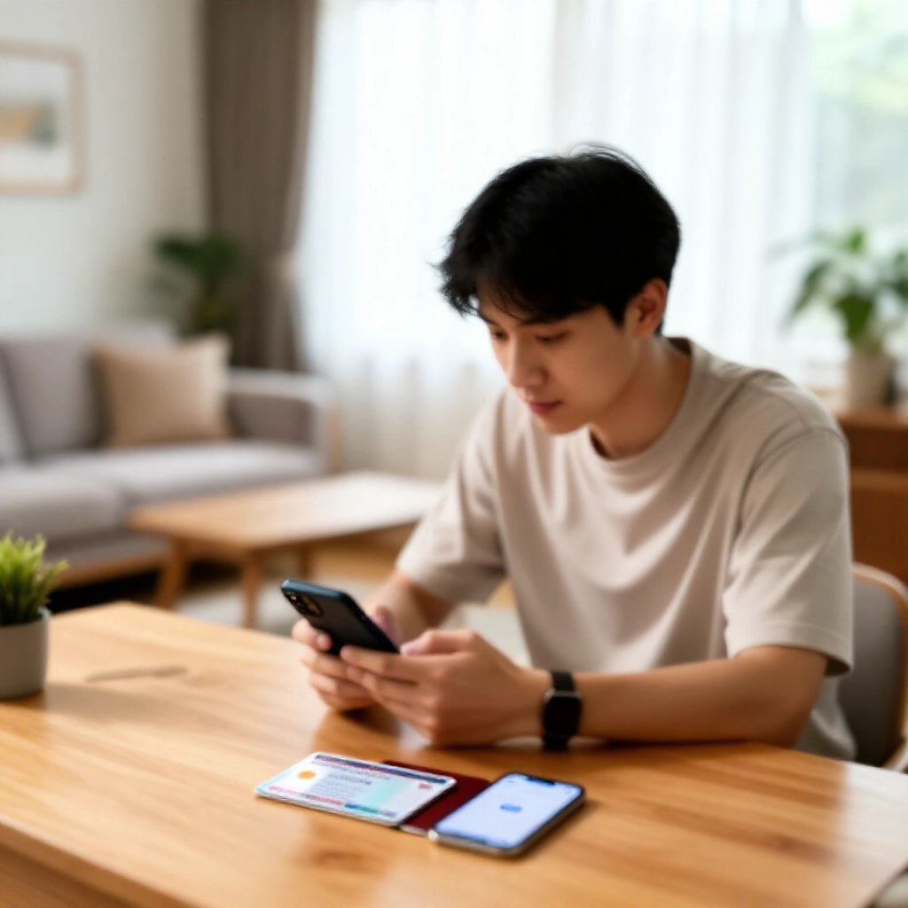 現代台灣客廳年輕男子專注手機註冊體育彩券身分證在旁