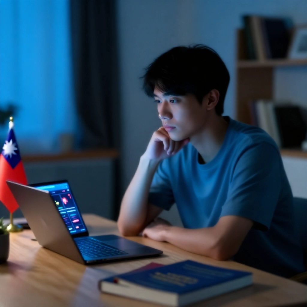 台灣年輕男子在舒適公寓內，面對發光筆電顯示線上百家樂介面，周圍有法律書籍與台灣國旗，營造謹慎氛圍