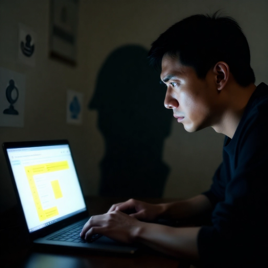 台灣男子在昏暗房間查看165反詐騙資料庫,螢幕顯示黃色警示結果與詐騙符號