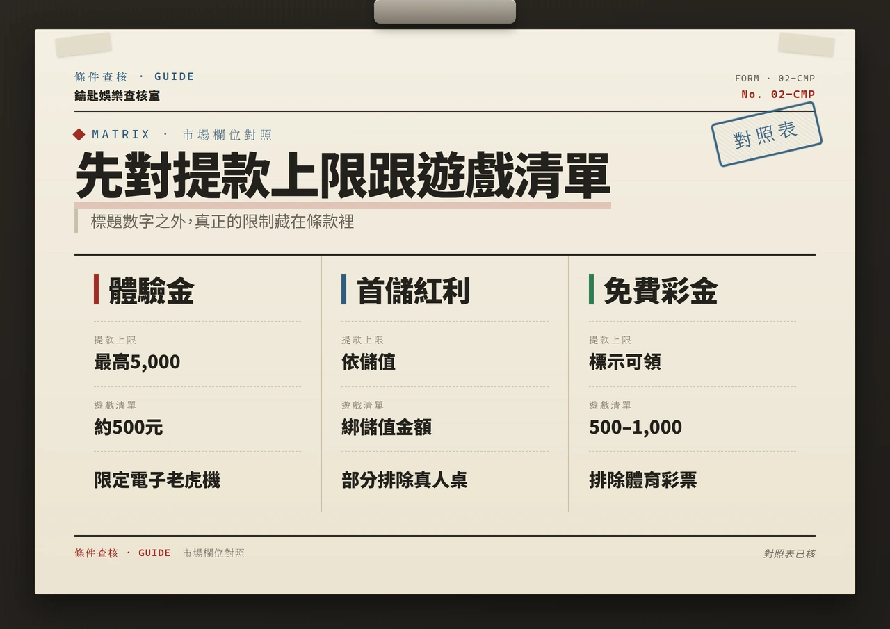 不同優惠類型的標題數字提款上限與遊戲限制對照